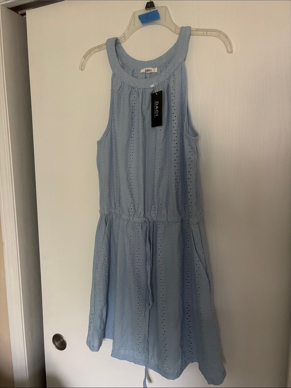 Daci Sleeveless Eyelet Drawstring Midi Dress in Light Blue - 5